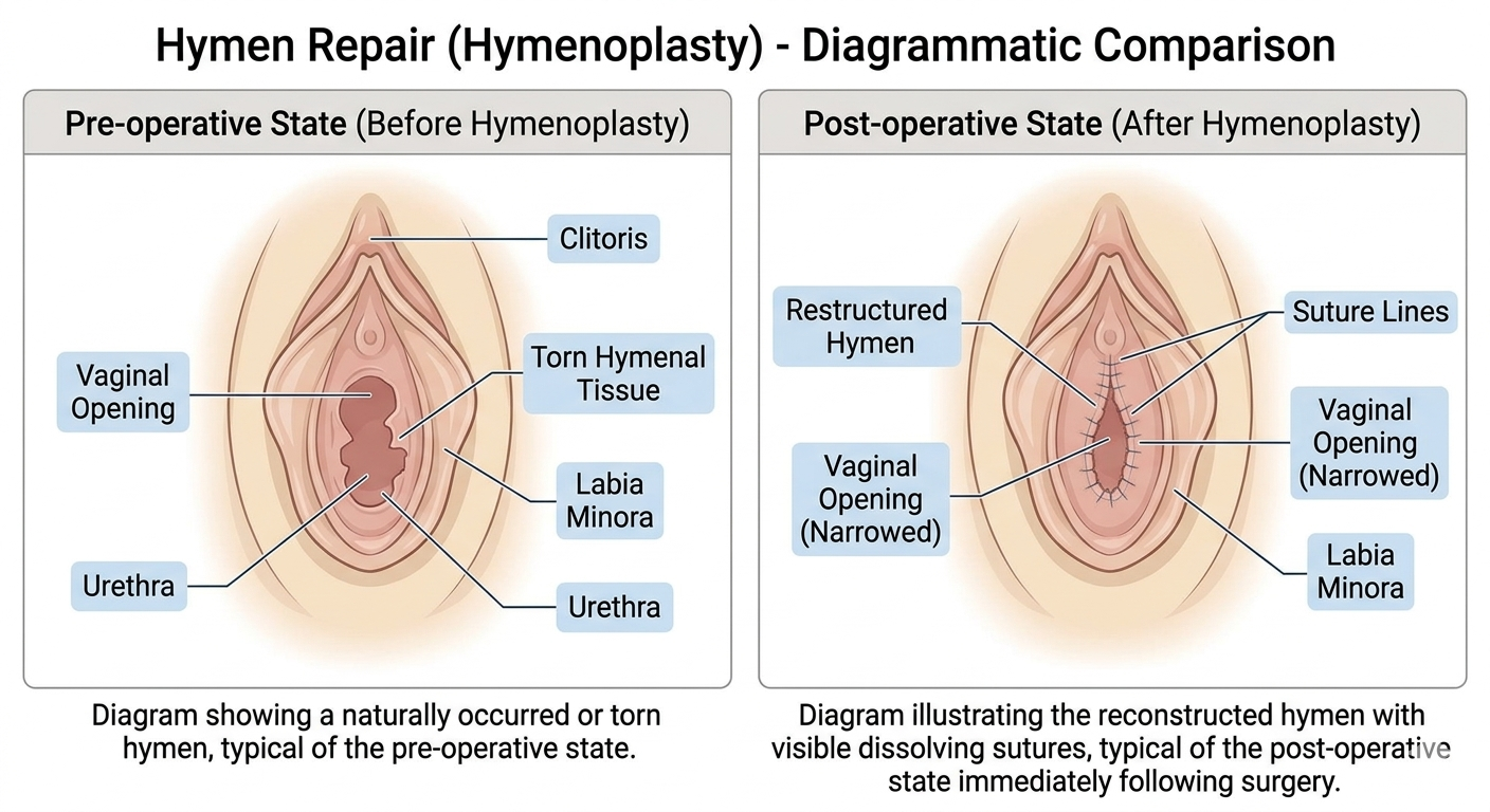 Diagramatic view of Ruptured and Intact Hymen (post repair)