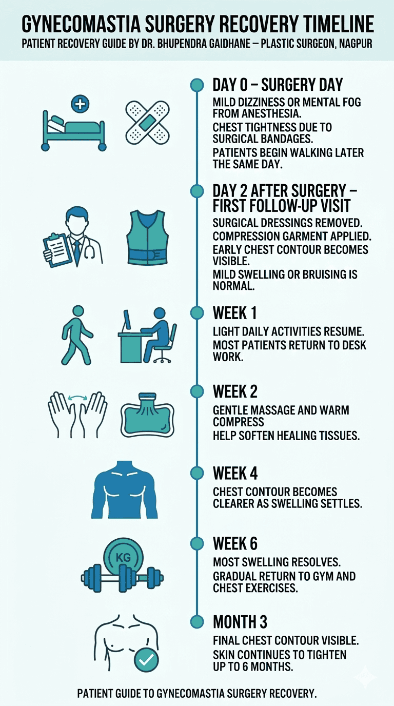 Gynecomastia surgery recovery timeline showing stages from surgery day to final results after three months.