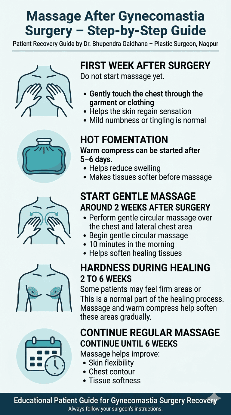 Massage techniques after gynecomastia surgery showing when to start massage and how it helps soften healing tissue.