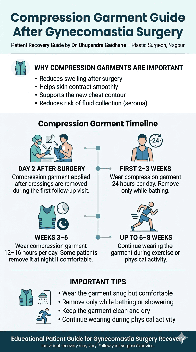 Compression garment guide after gynecomastia surgery showing recommended duration of use from weeks 1 to 6.