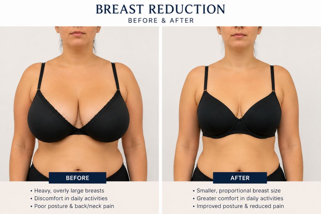 Before and after results of breast reduction surgery