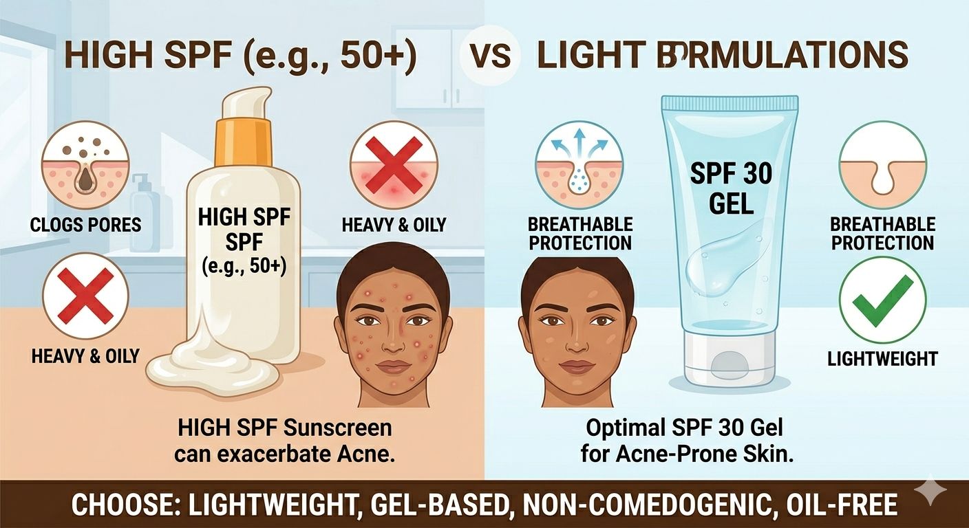 thick high SPF can worsen acne, and lightweight gel SPF 30 is the optimal choice for breathable protection.